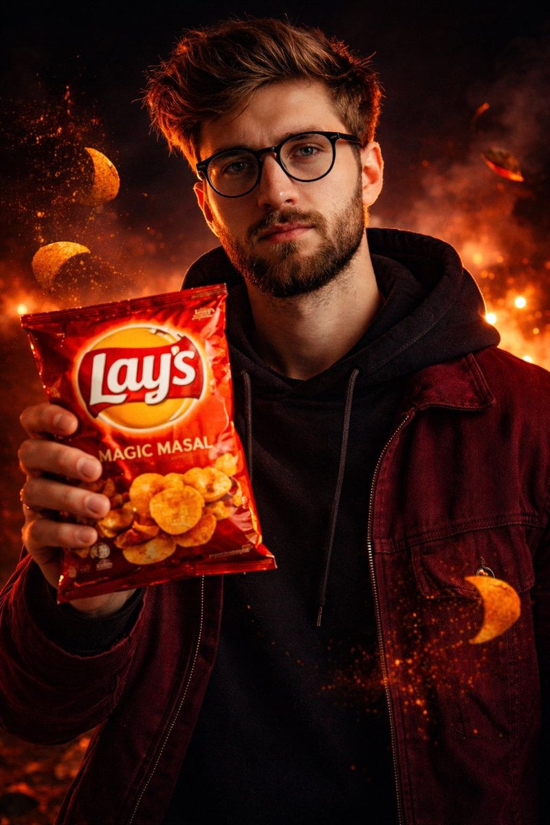 Lays Chips reklame med mand der holder en pakke i cinematisk stil – -genereret billede