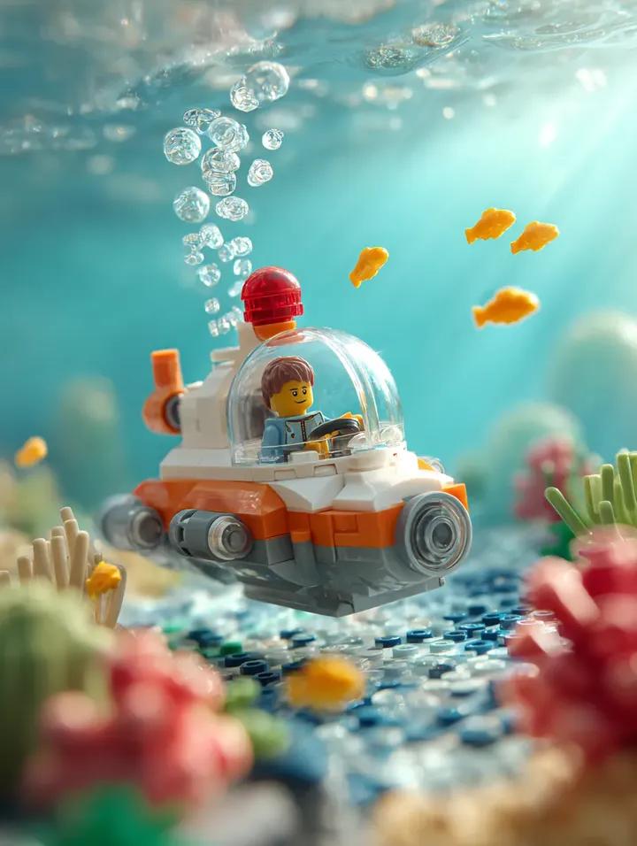 Zbliżenie na fotografię makro dioramy z łodzią podwodną LEGO, z jaskrawymi żółtymi rybami LEGO, bąbelkami powietrza i kolorowymi elementami koralowców na dnie morskim z klocków LEGO, przezroczystą turkusową wodą z promieniami światła i odbiciami podwodnymi, małą głębią ostrości i tłem z efektem bokeh