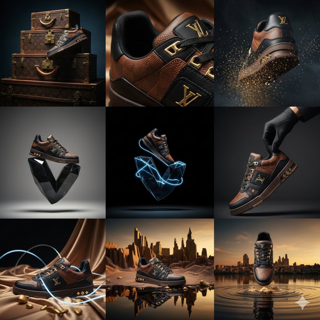 Ein 3x4 Rastergalerie von neun Produktfotografien, die Louis Vuitton Luxus-Ledersneaker und -Trner in verschiedenen Kompositionen zeigen, darunter Profilansichten auf Vintage-Koffern, Makro-Nahaufnahmen von Goldbeschlägen und surreale künstlerische Szenen mit dramatischem Chiaroscuro-Licht