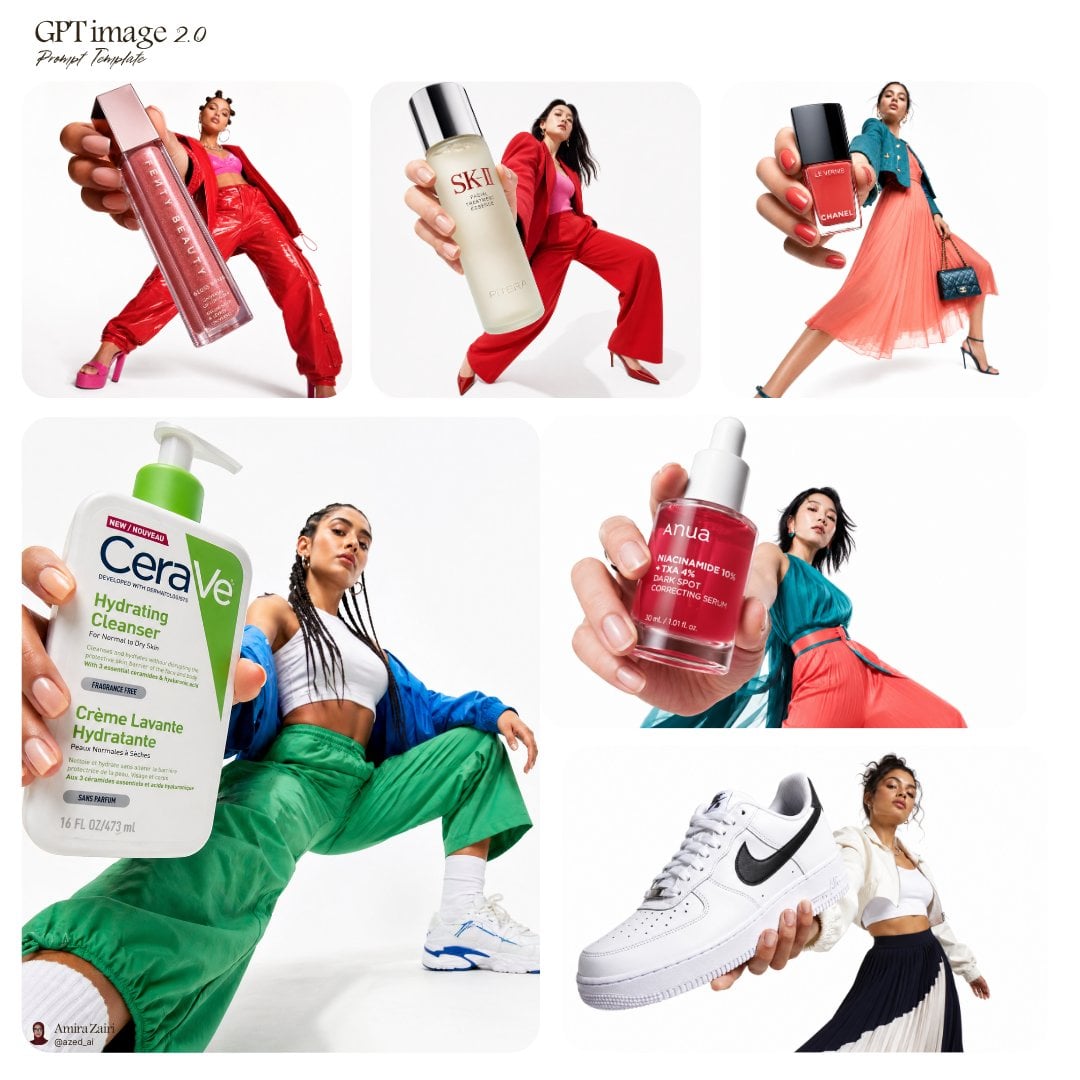 Model segur amb un conjunt de moda colorat que sosté un producte gran i brillant a prop de la càmera en una fotografia publicitària d'estudi blanc presa des d'un angle bx