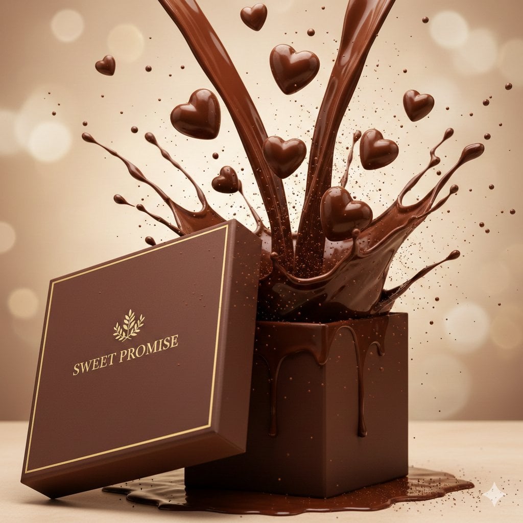 Eine Premium-Espressobraune Geschenkbox mit goldgeprägtem „SWEET PROMISE“-Text auf einer reflektierenden Oberfläche, aufsteigender geschmolzener Milchschokolade und herzförmigen Pralinen, die in der Luft kreisen, warmer Scheinwerferbeleuchtung und geringer Tiefenschärfe