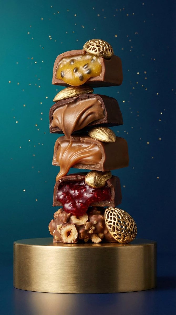 Luxury Chocolate Praline Tower Ruby Hexagonal Bonbons Pistachio Bar