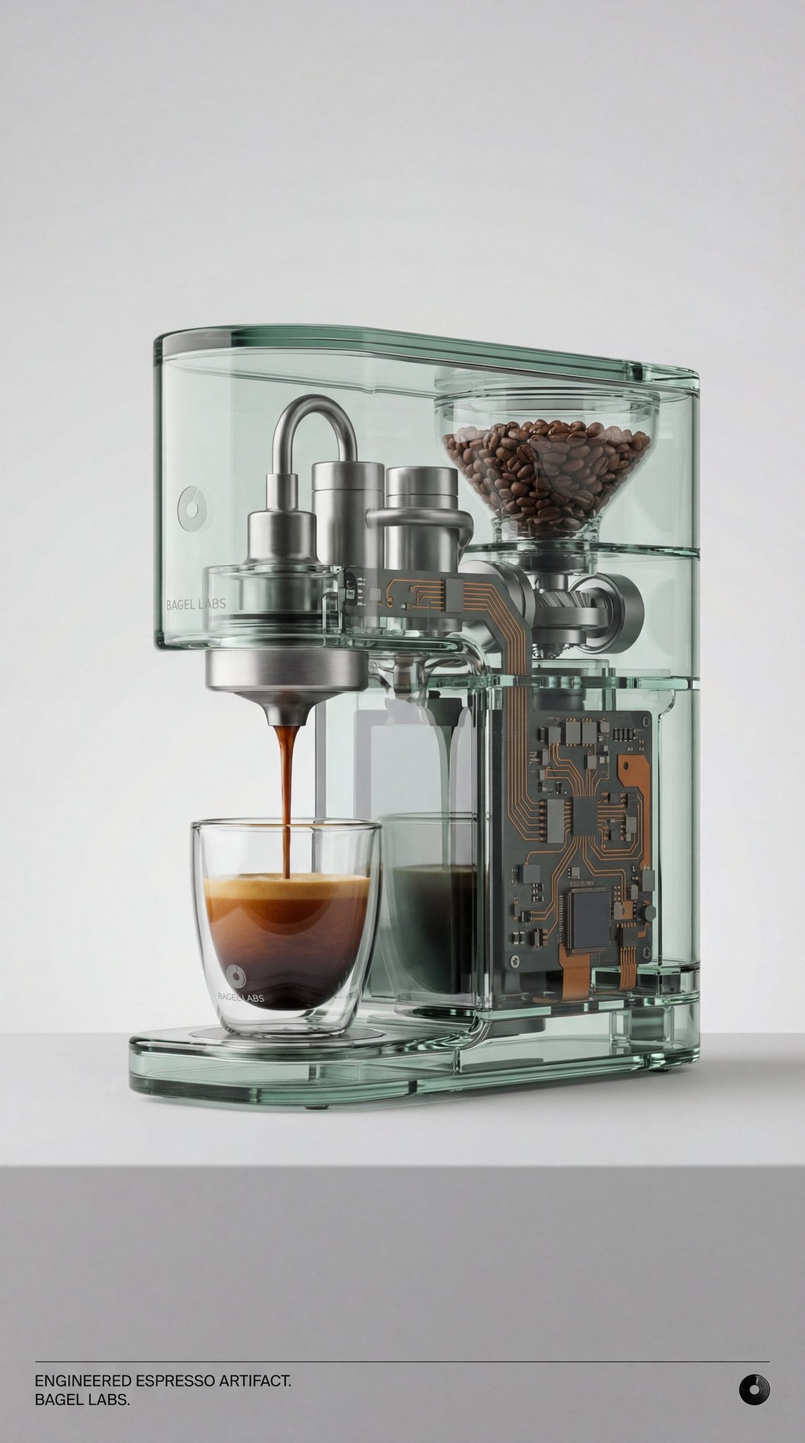 Imagem gerada por IA da Máquina de Café de Luxo de Vidro Transparente Bagel Labs