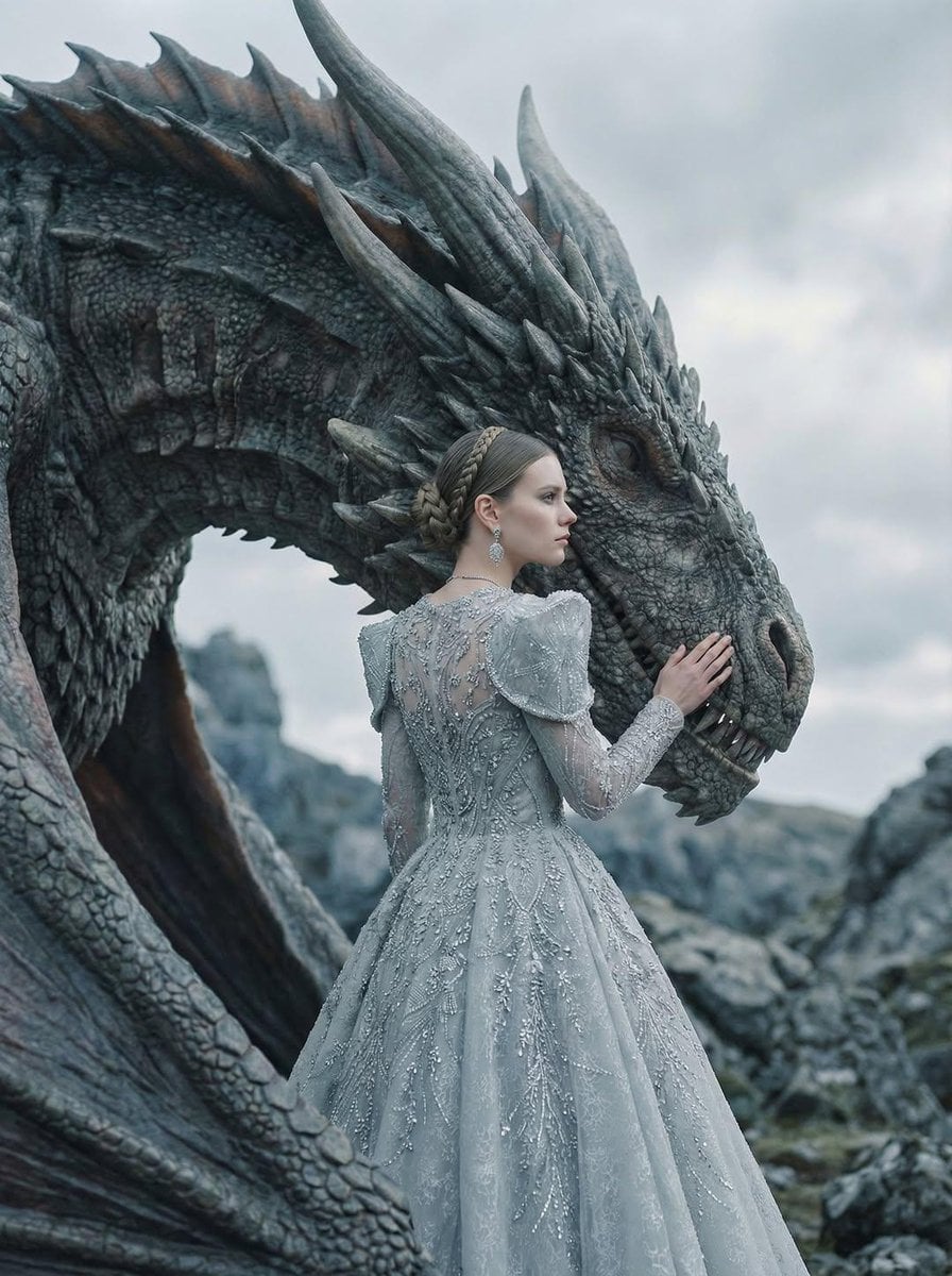 Portret editorial de modă al unei femei într-o rochie de couture gri-ardezie cu ornamente din cristal și umeri structurați, stând alături de un dragon mestuos cu fruntea odihnindu-se pe capul său solzos, împletitură cu bijuterii statement, iluminare moale acoperită pe texturile țesăturii și solzilor