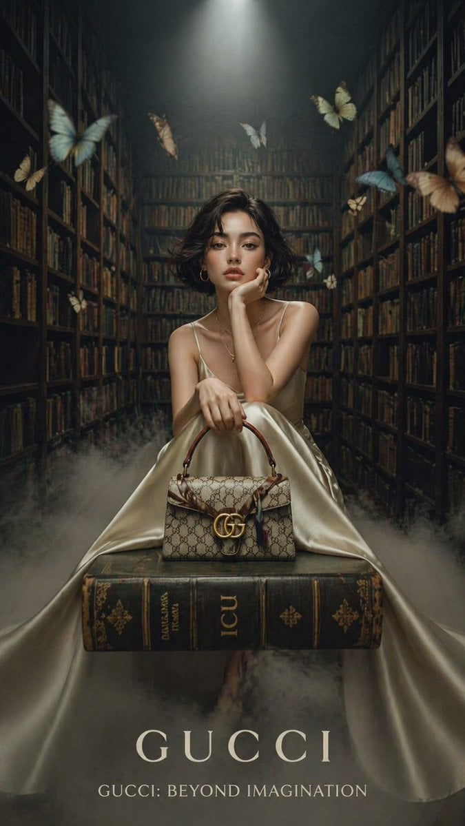 O fotografie de editorial de modă care arată o femeie într-o rochie de satin șampanie, stând pe cărți într-o bibliotecă vintage, cu ceață, fluturi strălucitori și o geantă de designer în prim-plan