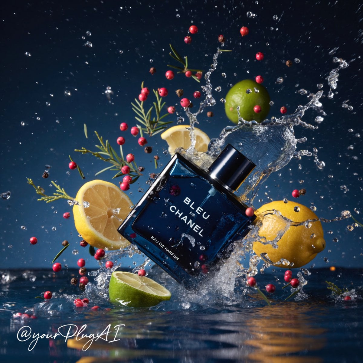 Uma fotografia de produto hiper-realista de um frasco de perfume de luxo com vidro brilhante e detalhes metálicos, cercado por elementos botânicos e especiarias, iluminação cinematográfica de alto contraste com sombras profundas e realces cintilantes, profundidade de campo rasa com composição editorial premium