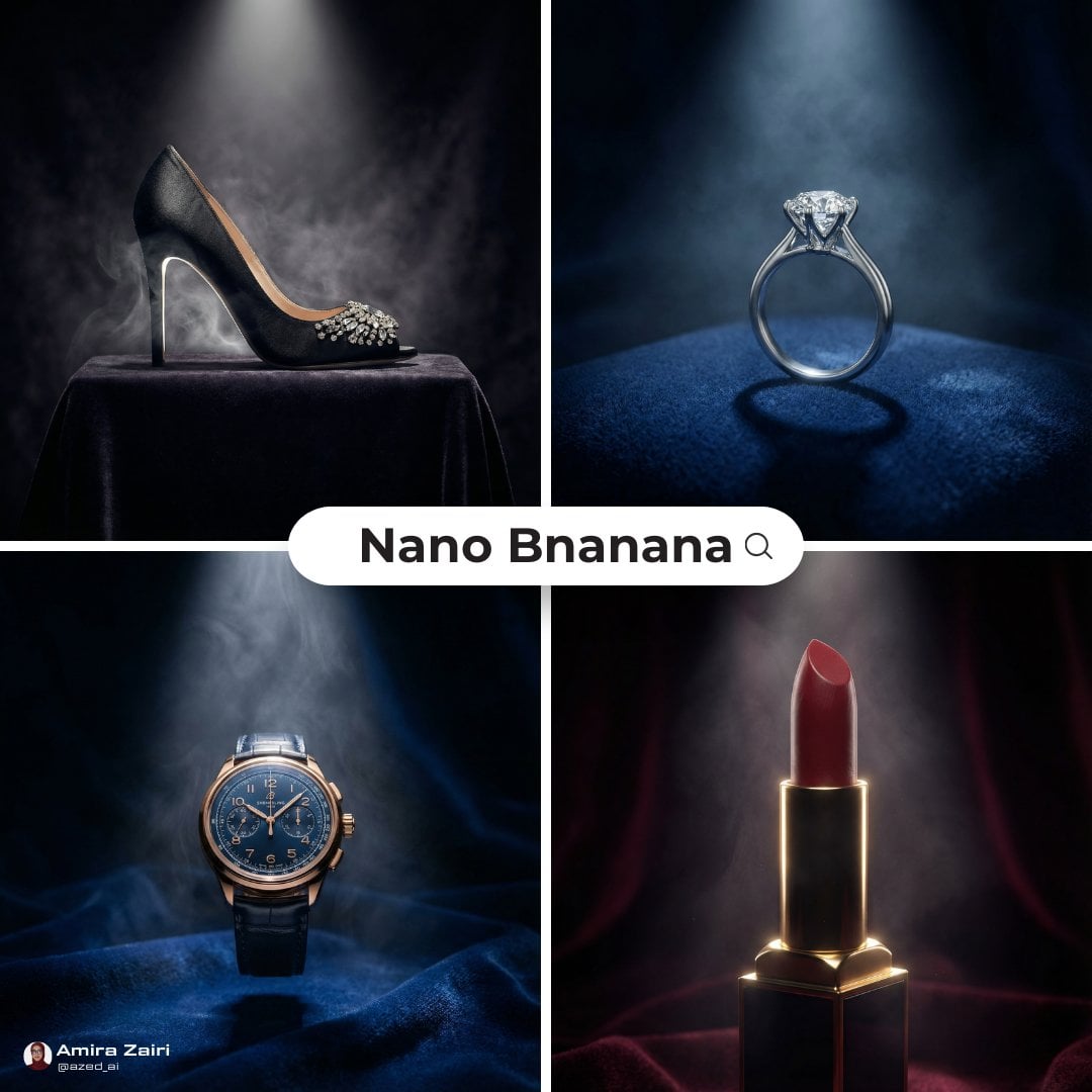 Photographie de produit de luxe en plan hero sur fond de velours sombre avec un projecteur unique éclrant depuis le dessus, effet de léger brouillard, contour lumineux dramatique créant un contour net du produit, ombres cinématographiques, style éditorial premium, détls macro ultra-réalistes capturés avec une fble profondeur de champ