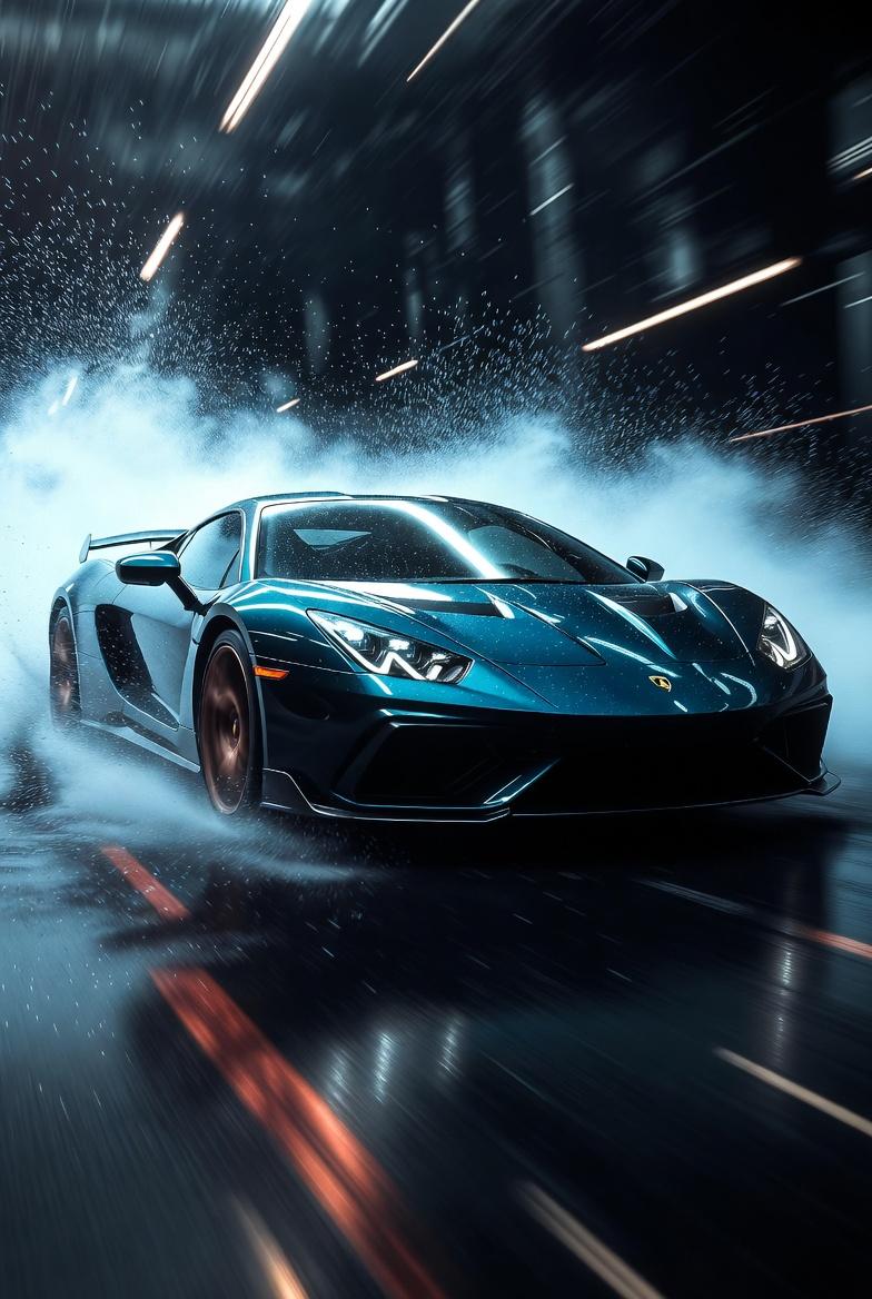 Immagine generata da IA di un'auto sportiva di lusso in vista anteriore tre quarti con vernice lucida, pioggia e nebbia