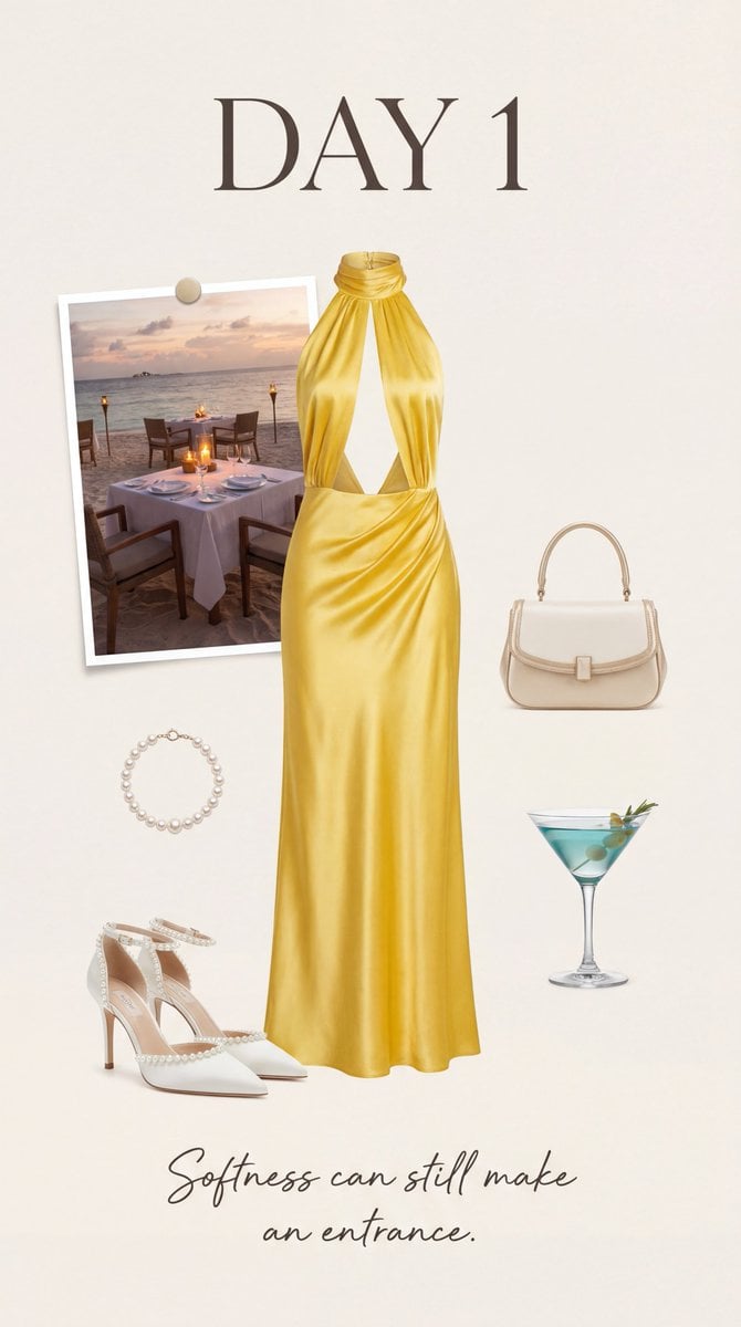 Imagem gerada por IA do Moodboard de Vestido Amarelo de Cetim de Decote Halter de Luxo