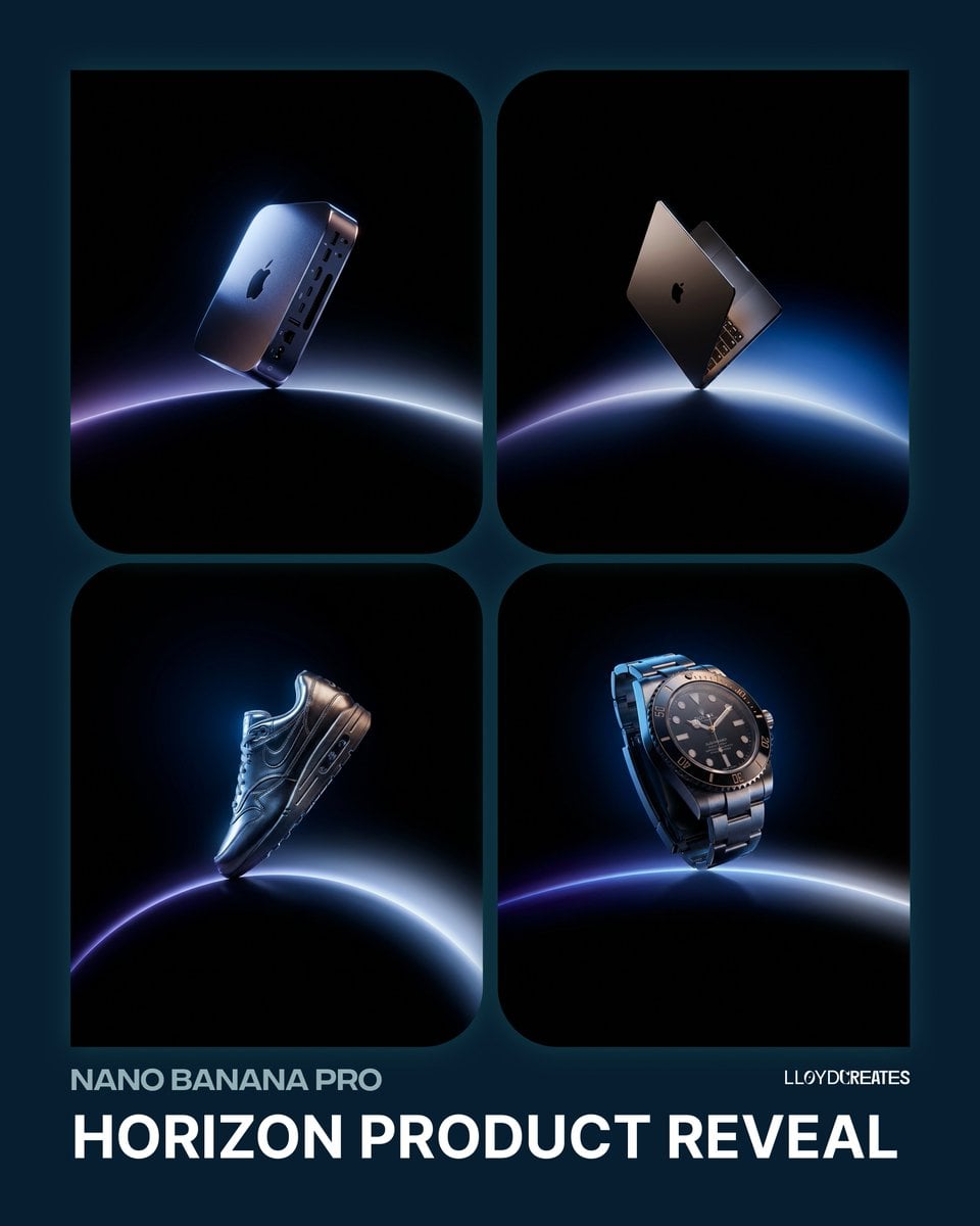 Filmová produktová fotografie stříbrného Mac Mini dramaticky nakloněného proti černému pozadí, dotýkajícího se rozsáhlého oblouku modrého světla horizontu, který se táhne od fialovomodré na levé straně k měkké bílo-modré na pravé straně, s dramatickým volumetrickým osvětlením