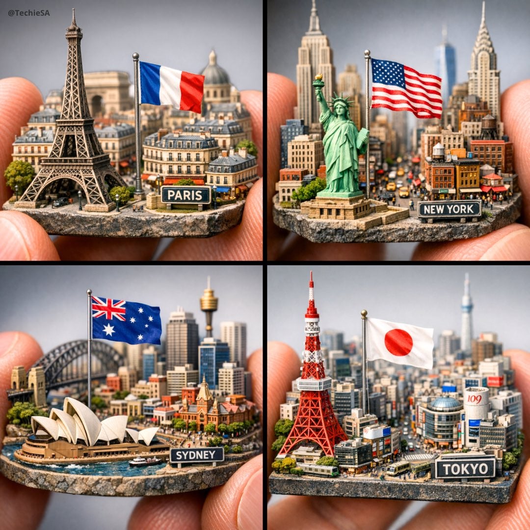 Makrofotografie eines Miniatur-Stadt-Dioramas, das zwischen zwei Fingern gehalten wird, mit Nationalflagge auf Fahnenmast, ikonischem Wahrzeichen im Vordergrund, Straßenschild, detllierter Architektur mit sanfter Studiobeleuchtung und neutralem verschwommenem Hintergrund