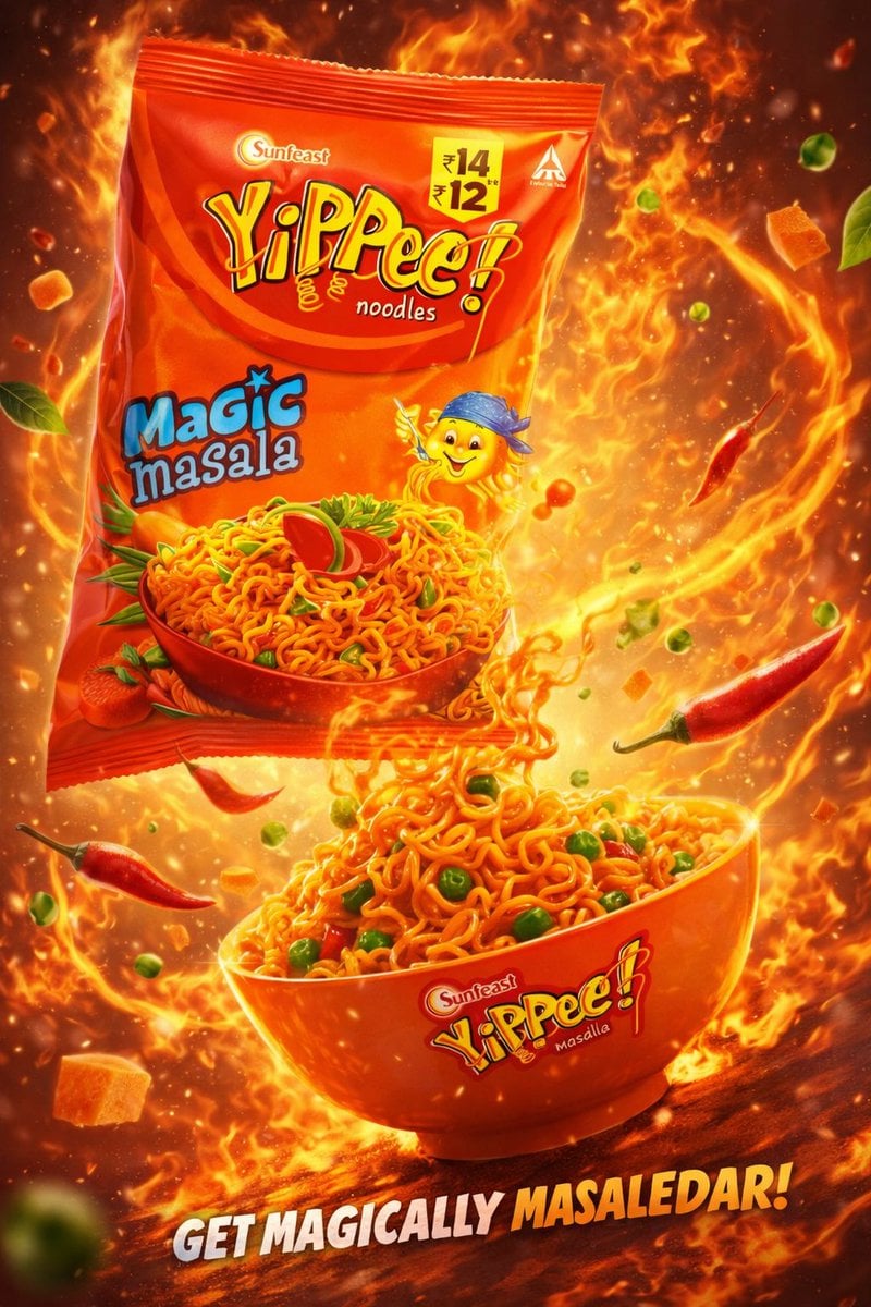KI-generiertes Bild der filmischen Lebensmittelwerbung für Maggi Instant-Nudeln