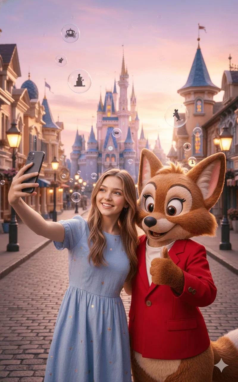 Eine junge Frau in einem hellblauen Kleid macht ein Smartphone-Selfie, während sie mit einem niedlichen anthropomorphen Fuchs-Maskottchen in einer roten Jacke posiert, das ein Daumen-hoch-Zeichen gibt, aufgenommen in einem magischen Märchen-Themenpark mit einer prächtigen Burg im Hintergrund während der goldenen Stunde
