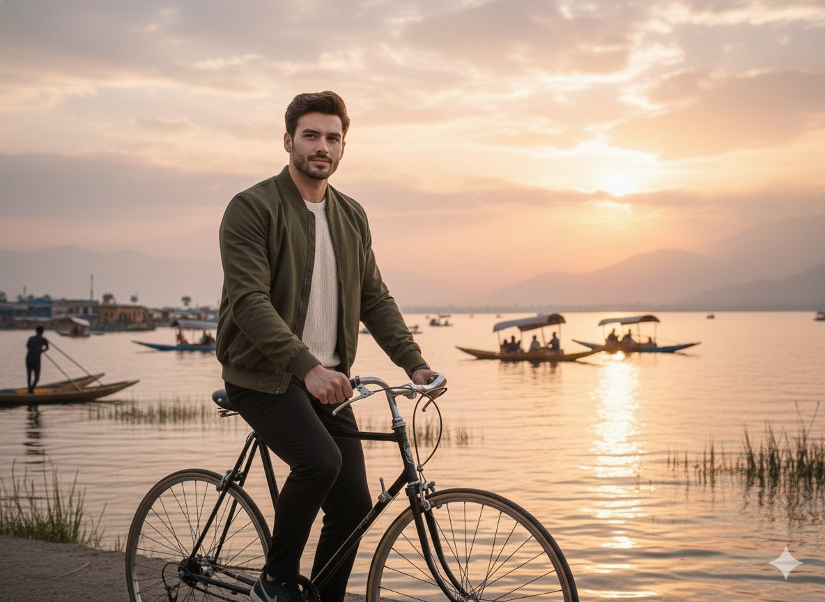 Man Bicycle Dal Lake Sunset