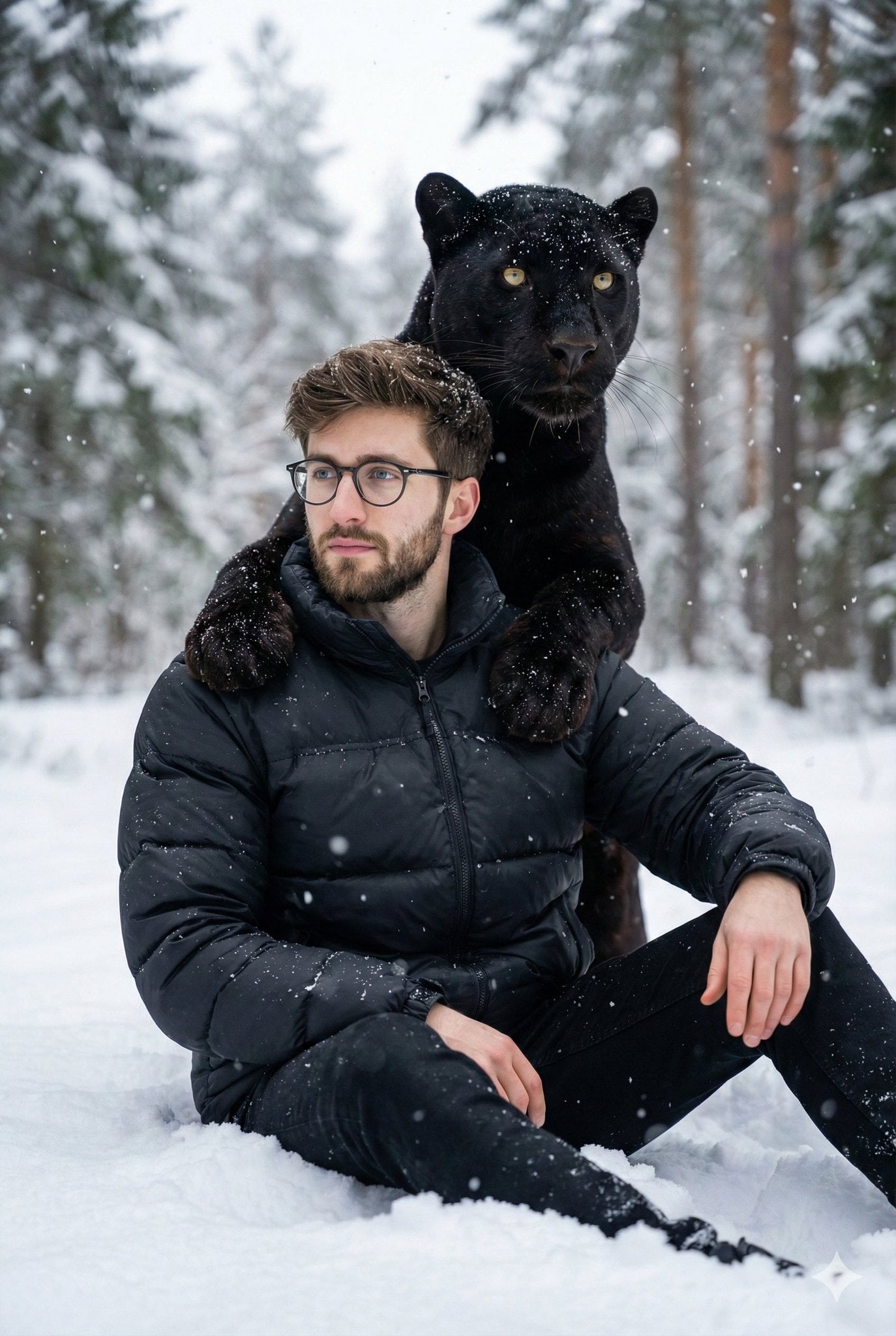 Eine hyperrealistische Mittlere Einstellung zeigt einen Mann in einer schwarzen Steppjacke, der in einem Wald in tiefem Schnee sitzt, mit einem großen schwarzen Panther, der hinter ihm steht und dessen Vorderpfoten unter fallendem Schnee auf seinen Schultern ruhen