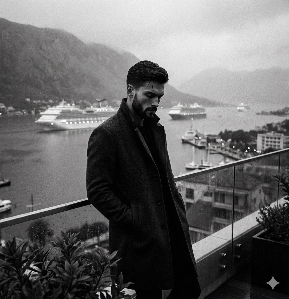 Man Dark Overcoat Balcony Fog Cruise Ships