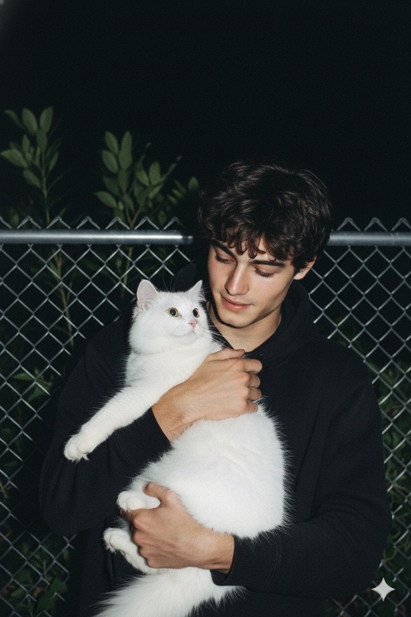 Ein ungezwungenes Nachtblitzfoto, das einen Mann in einem schwarzen Hoodie zeigt, der eine flauschige weiße Katze hält, beide sehen sich liebevoll an. Maschendrahtzaun und Pflanzen im Hintergrund, dramatische Beleuchtung