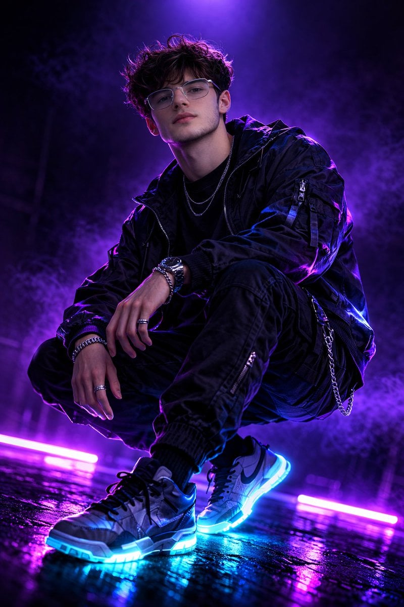 Imagine generată de cu model bărbat Streetwear Cyberpunk Neon Violet