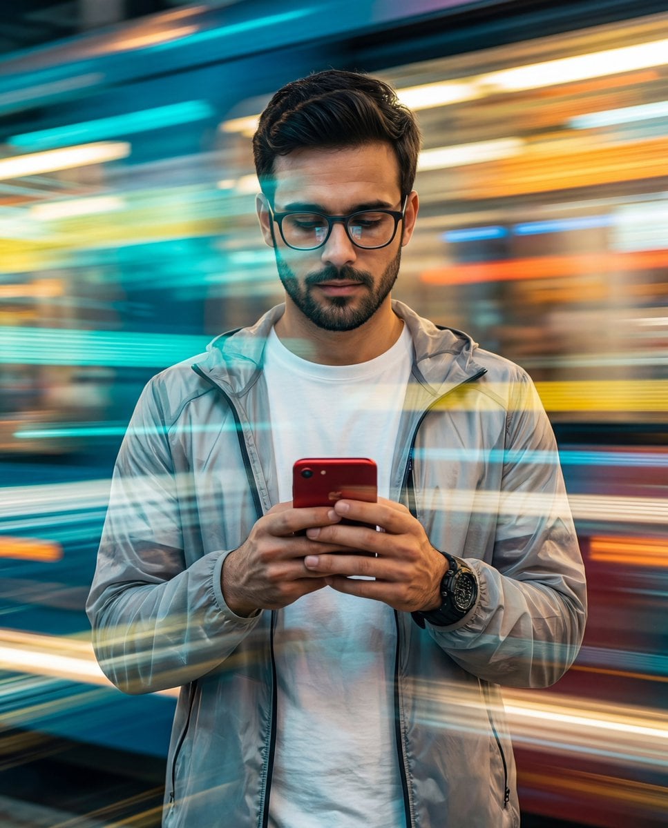 Mann Smartphone Bewegungsunschärfe Geschwindigkeitslicht KI-generiertes Bild