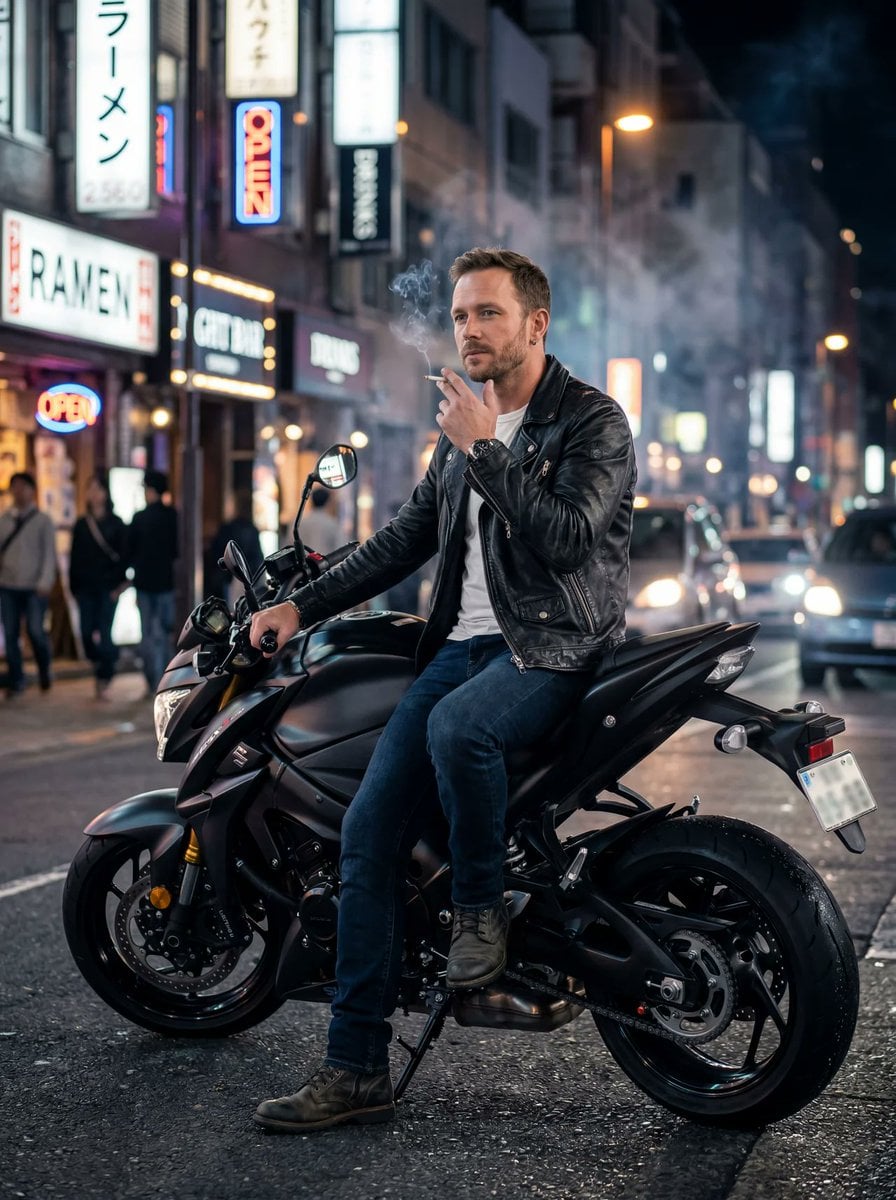 Et fotorealistisk lavvinkelfoto av en barbent mann i svart lærjakke som sitter på en matt svart sportsmotorsykkel om natten, holder en sigarett nær munnen, med kinoaktig gatebelysning og uskarp urban bakgrunn som skaper bokeh-effekt