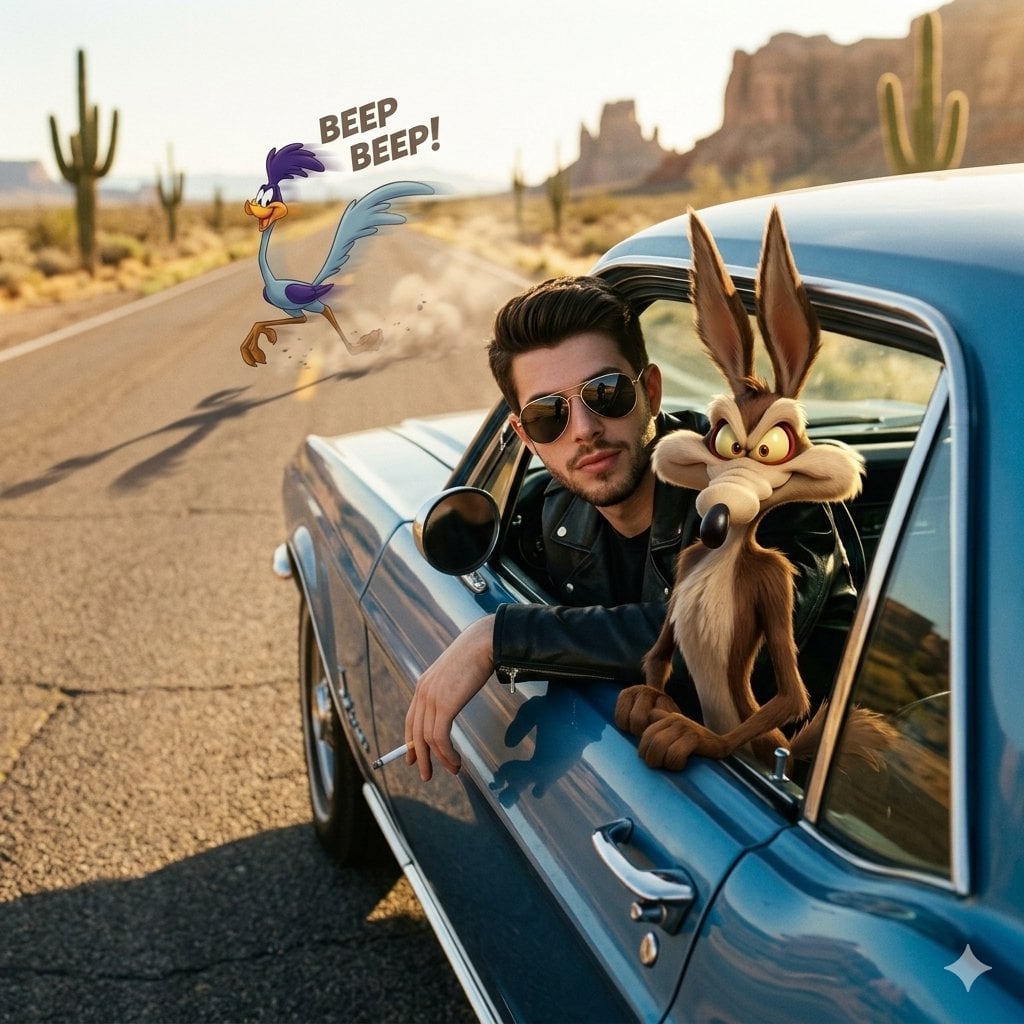 Man Vintage Car Desert Coyote Roadrunner Golden Hour