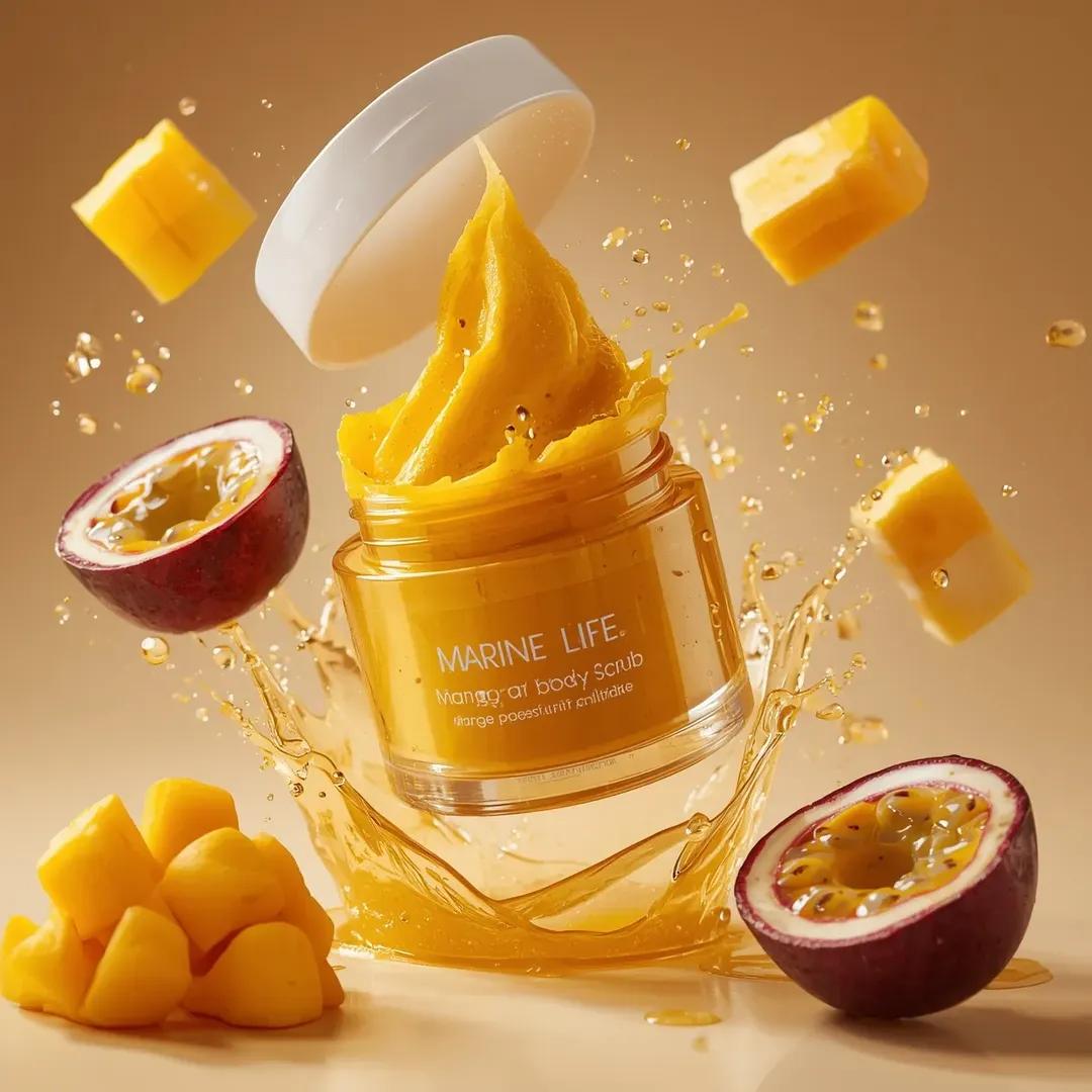 Imatge generada per IA de Tarro d'exfoliant corporal de mango i maracuyà amb esquitx