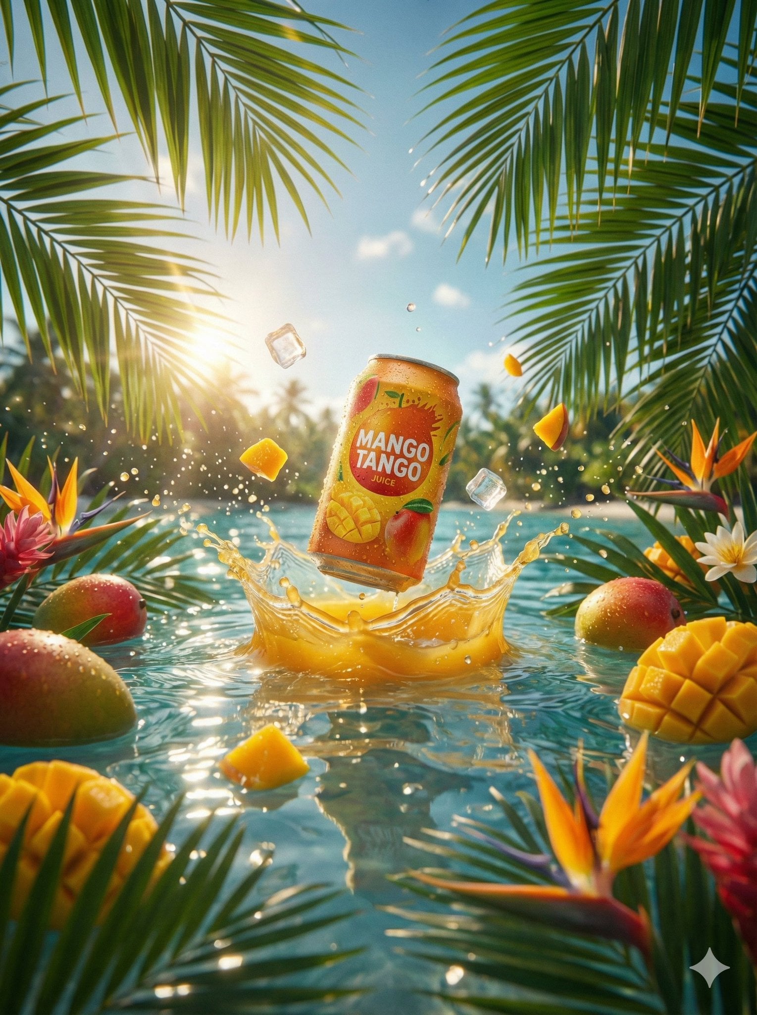 Imatge generada per IA de la llauna de suc Mango Tango amb esquitx a la platja