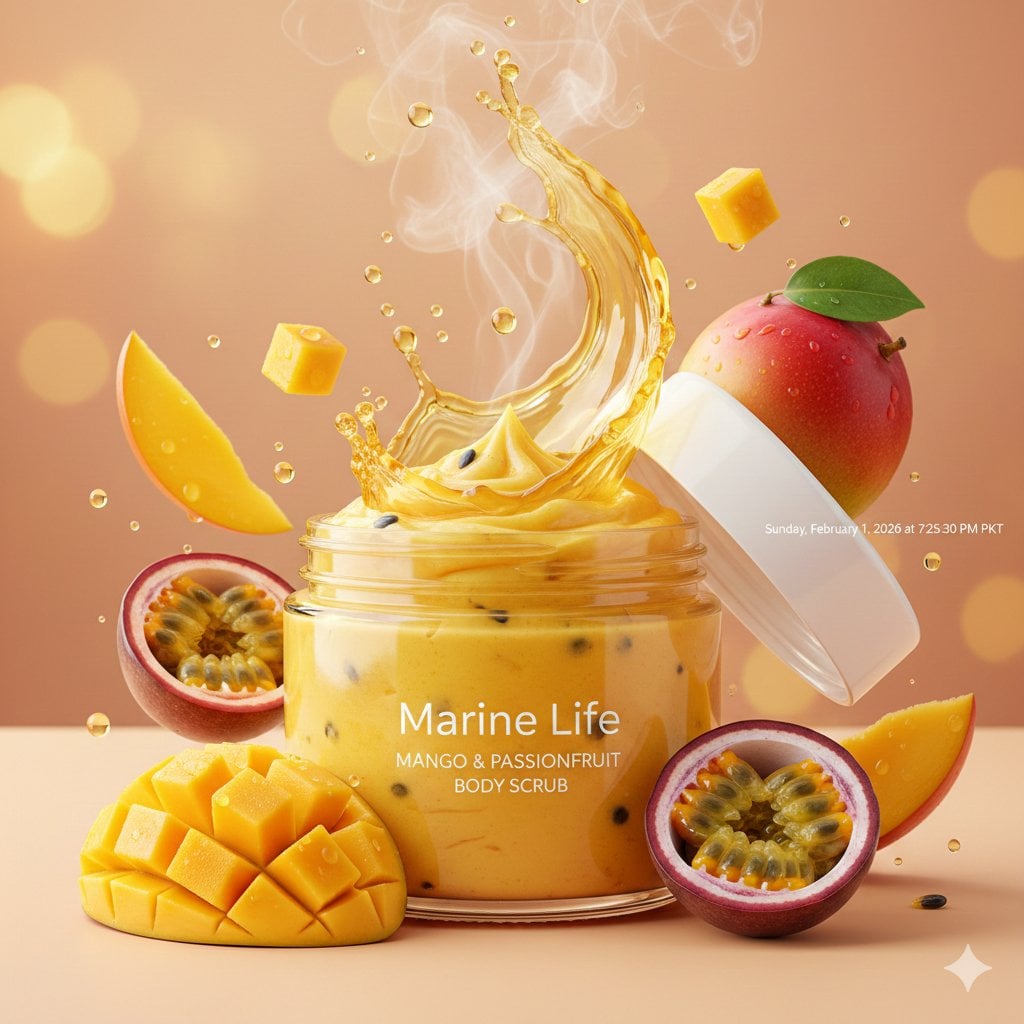 KI-generiertes Bild des Produkts Marine Life Mango-Passionsfrucht-Körperpeeling