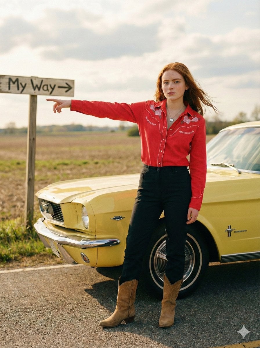 Maximalistisk editorial americana kvinne med Mustang -generert bilde
