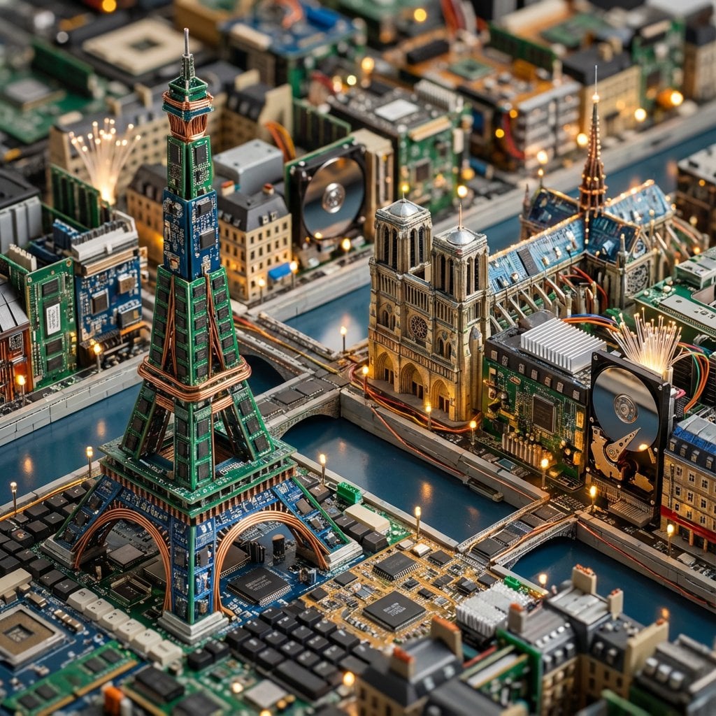 Ein architektonisches Miniaturdiorama der Pariser Stadtlandschaft mit detllierten Gebäudemodellen, Tilt-Shift-Fotografie-Effekt, Makroobjektivperspektive, Maßstabsmodell-Ästhetik, hochwertigen Texturen und atmosphärischer Beleuchtung