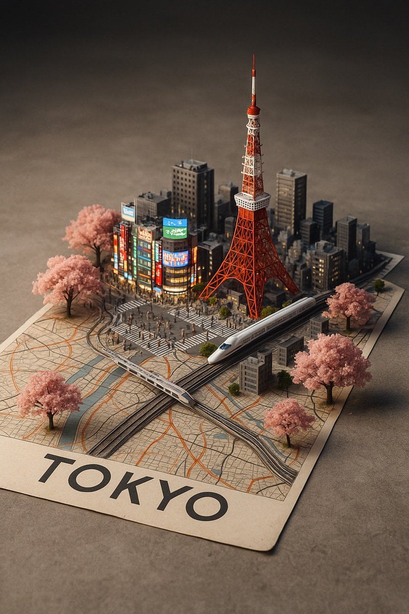 Imagem gerada por IA de Diorama em Miniatura de Cidade Emergindo de um Mapa