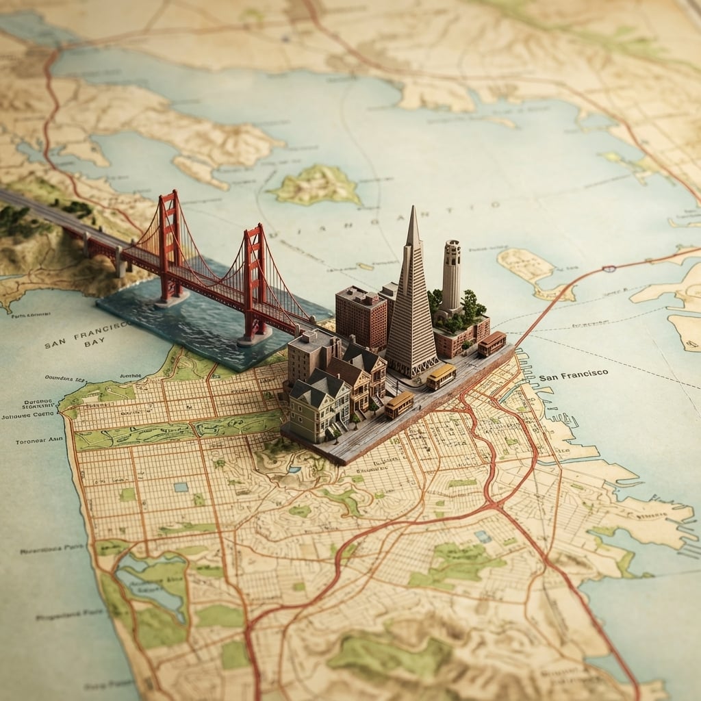 Zdjęcie lotnicze w ujęciu z góry szczegółowej geograficznej mapy z makietą 3D miasta wyskakującą z jej powierzchni, z małymi modelami architektonicznymi, punktami orientacyjnymi i elementami miejskimi, wykonane z precyzją fotografii makro i miękkim oświetleniem studyjnym