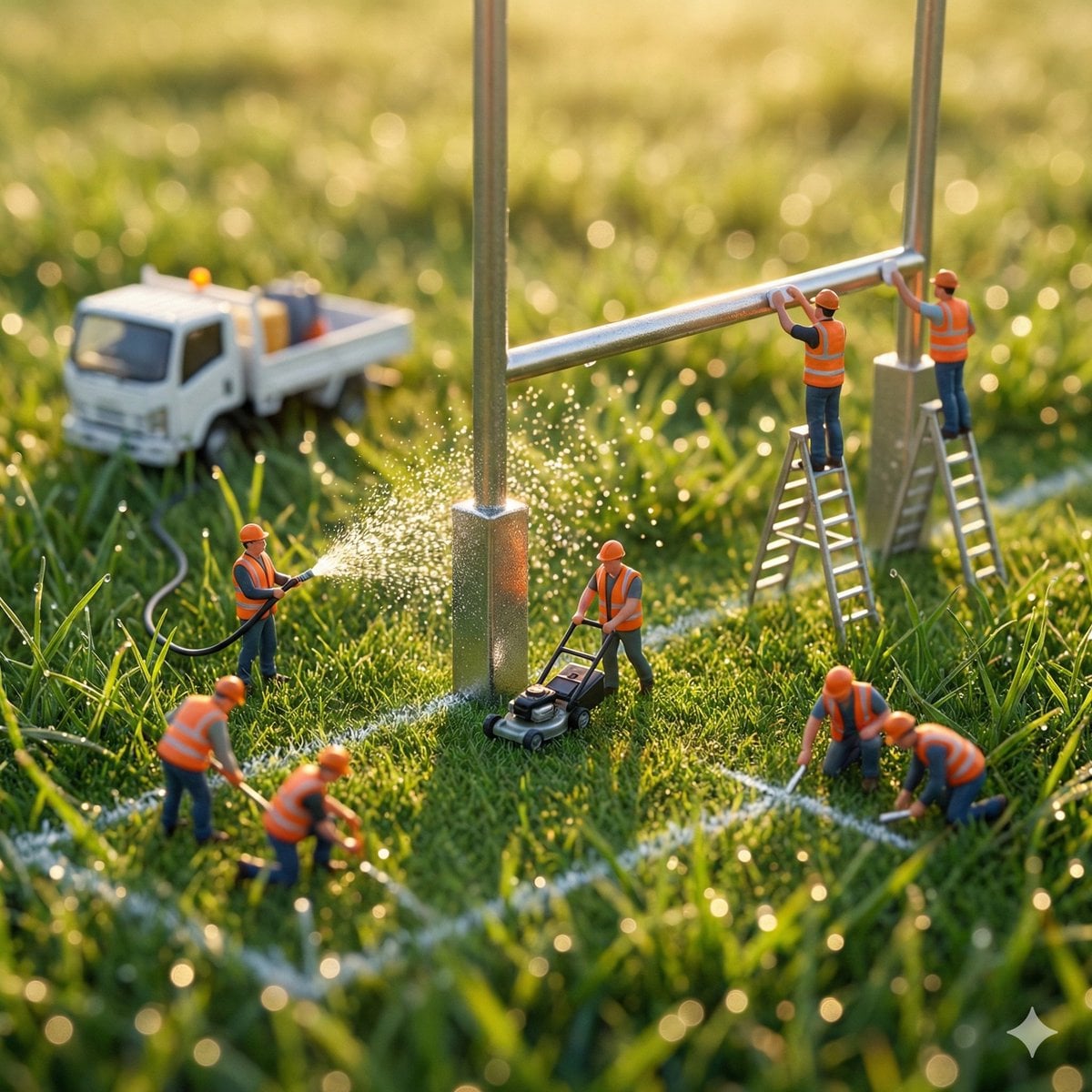 Obraz wygenerowany przez przedstawiający miniaturowych robotników budowlanych na polu z trawą w złotej godzinie