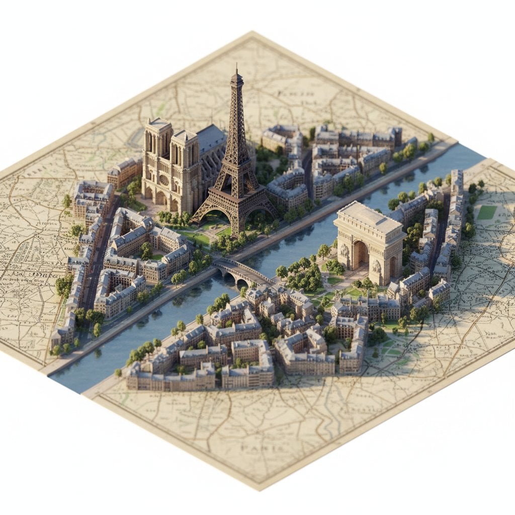 Mapa isomètric en miniatura de diorama d'una ciutat sobre paper vell amb textura, amb monuments desproporcionadament grans, arquitectura detallada, carrers, vegetació i masses d'gua, il·luminació cinematogràfica suau amb ombres naturals, efecte de miniatura per desplaçament de lent, fons blanc