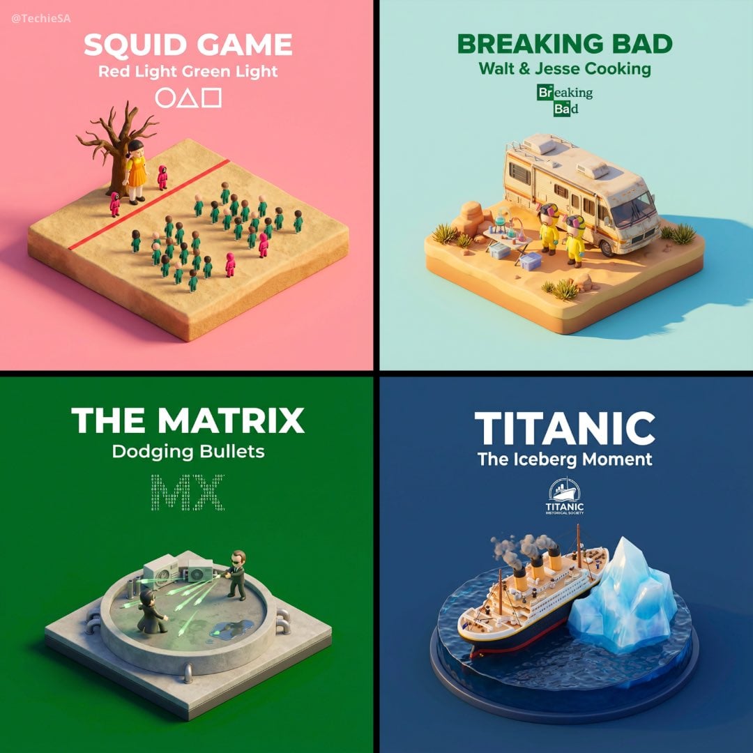Et miniatyr isometrisk diorama som viser en berømt filmscene på et opphøyd underlag med små stiliserte figurer, ren bakgrunn og filmtittel i tydelig, fet typografi øverst