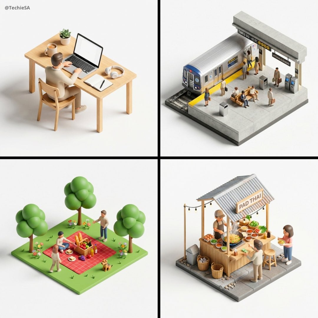 Diorama isomètric en miniatura a 45 graus que mostra petites persones estilitzades interactuant amb objectes en una escena 3D detallada, il·luminació suau, fons blanc, renderització ultra nítida