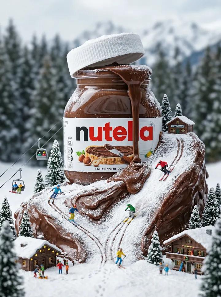 Imatge generada per IA de la Pista d'esquí de xocolata en miniatura amb pot de Nutella d'hivern