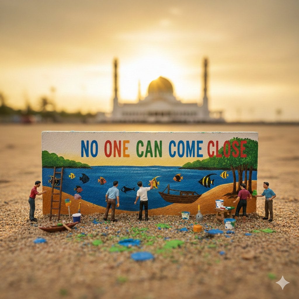 Ein Miniatur-Diorama, das kleine Figuren von jungen Menschen zeigt, die ein farbenfrohes Umwelt-Mural auf einer winzigen Wand malen, mit Miniaturleitern, Farbeimern, Pinseln und Farbsplattern, aufgenommen mit Makrofotografie