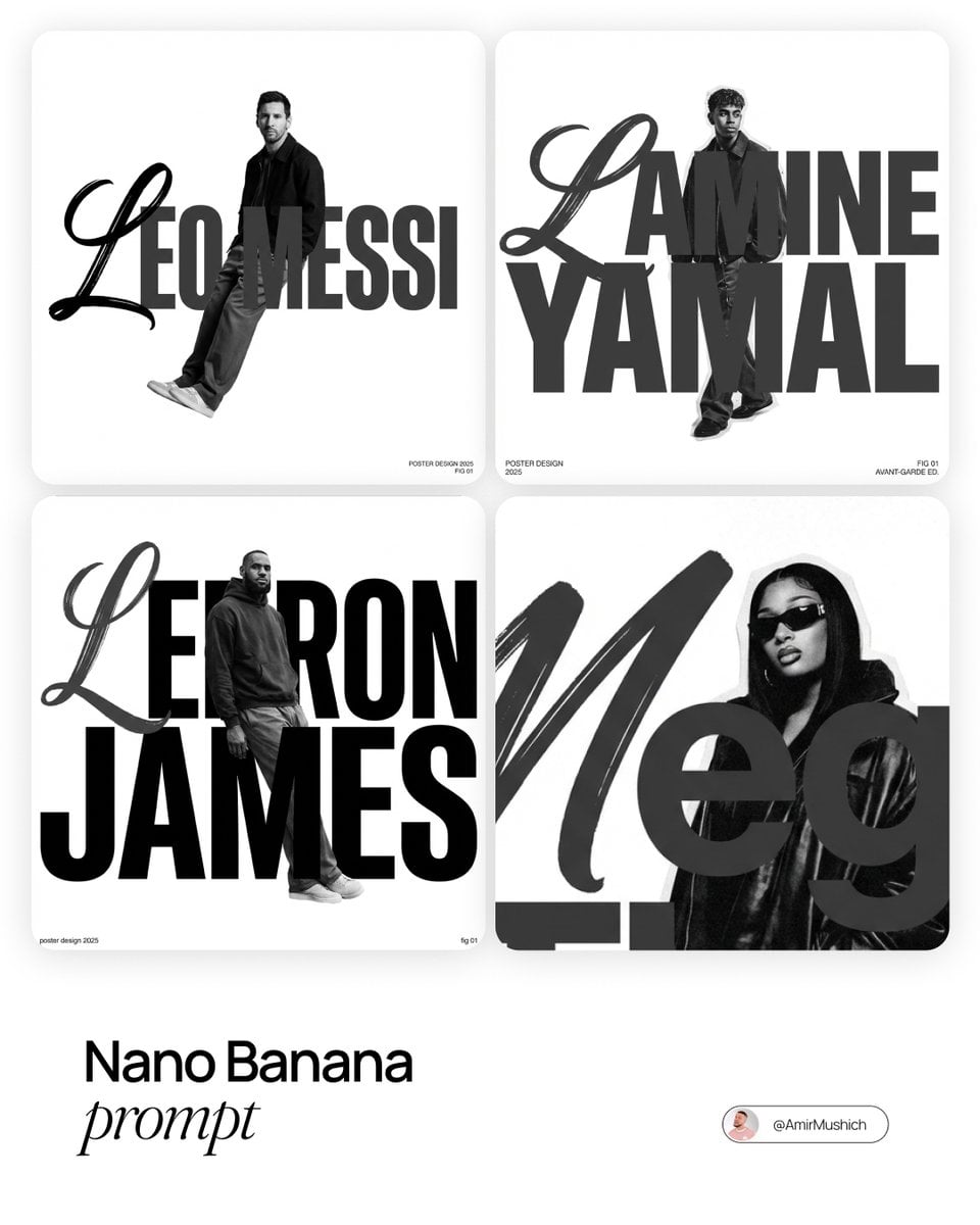 Um pôster streetwear minimalista preto e branco com uma figura de retrato entrelaçada por tipografia horizontal grande com fontes de scripts misturados—primeira letra caligráfica e letras restantes em sans-serif geométrica—sobre um fundo branco com pequeno texto de canto no estilo Design Suíço
