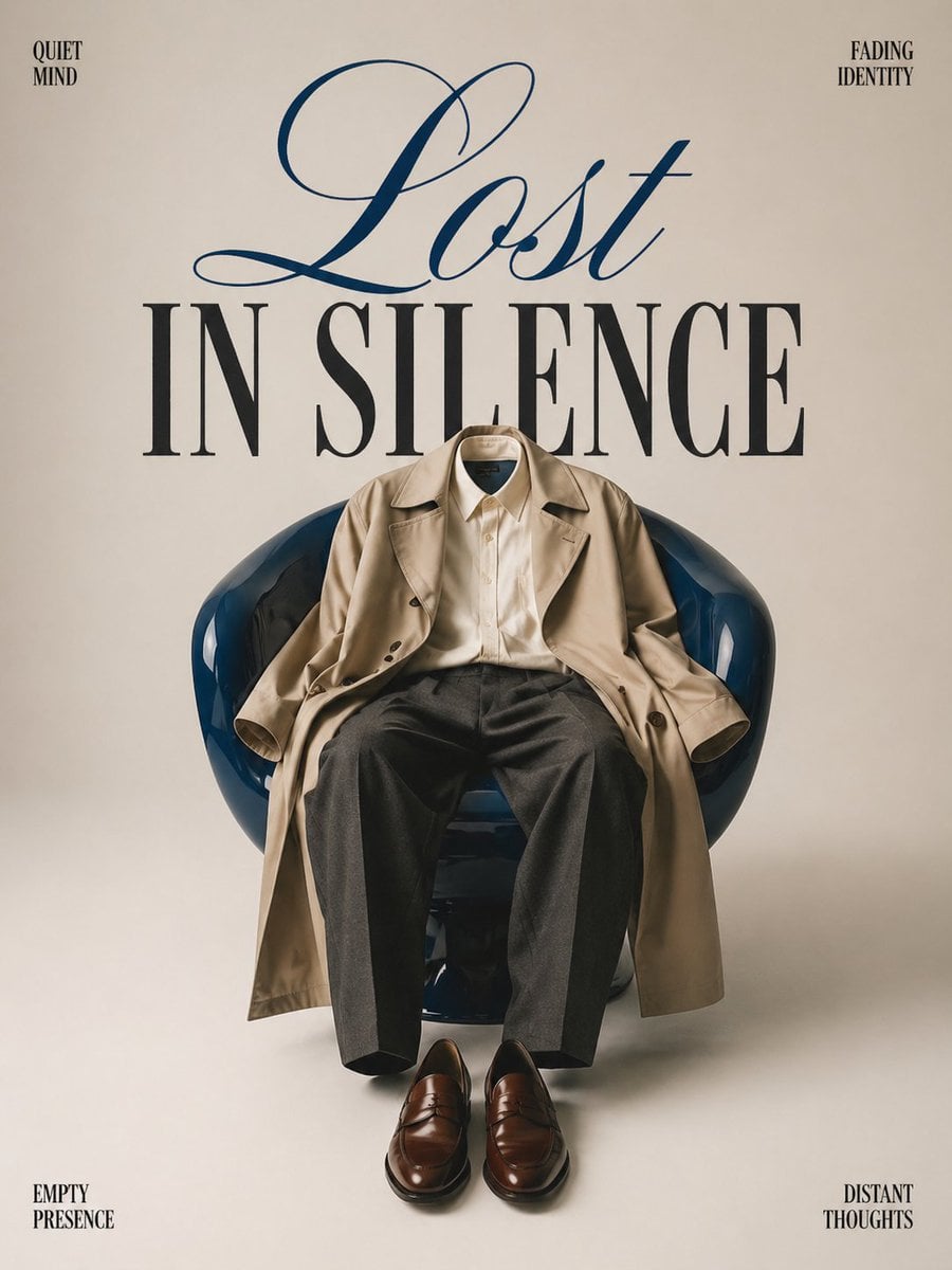 Pòster editorial de moda minimalista amb una cadira de saló blava, un abric trench beige drapejat i pantalons de carbó que creen la il·lusió d'una figura invisible, mocadors de pell i tipografia elegant «PERDUT EN EL SILENCI» sobre fons de blanc rovellat