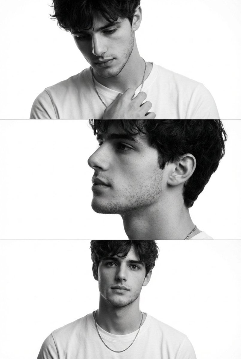 KI-generiertes Bild des minimalistischen monochromen Modeeditorial-Triptychons eines jungen Mannes