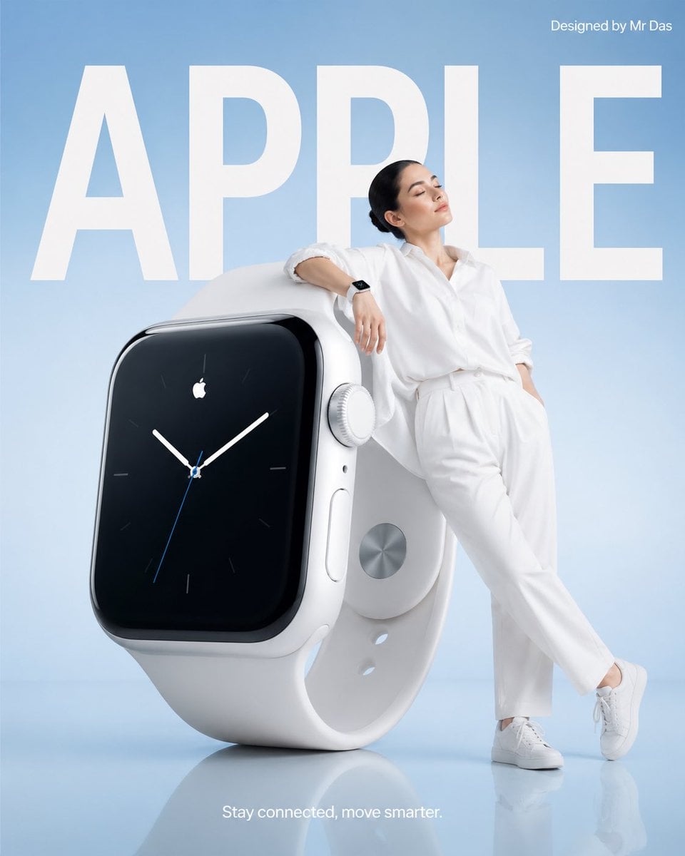 Une photographie commerciale minimaliste mettant en vedette une montre connectée blanche surdimensionnée avec une jeune femme en tenue entièrement blanche s'appuyant contre elle, pose détendue les yeux fermés, montre assortie au poignet, fond bleu dégradé doux avec texte APPLE blanc, sol brillant réfléchissant, éclrage de studio doux