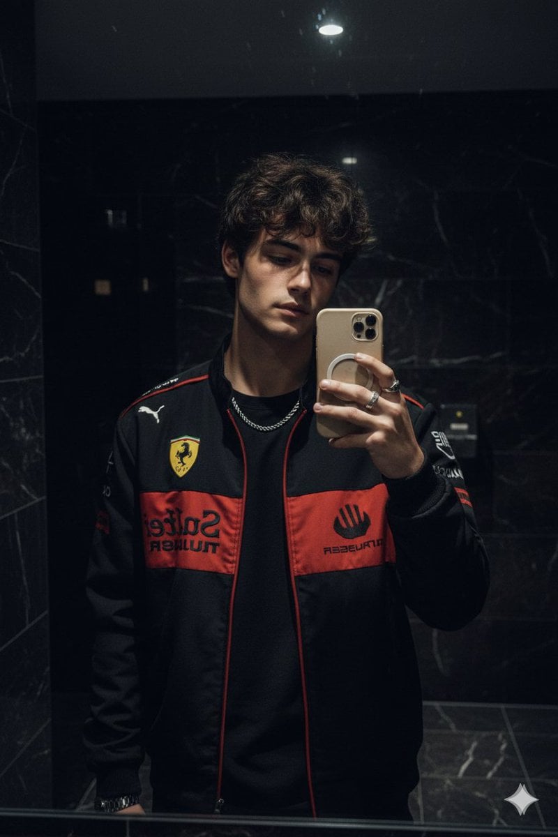 Ein stimmungsvolles Spiegel-Selfie, das eine Person in einer schwarzen Ferrari-Rennjacke mit roten und gelben Aufnähern, silbernen Ringen, Kette und einem Smartphone mit beiger MagSafe-Hülle zeigt, die in einem modernen Badezimmer mit dunklen Marmorwänden unter sanfter, filmischer Beleuchtung steht