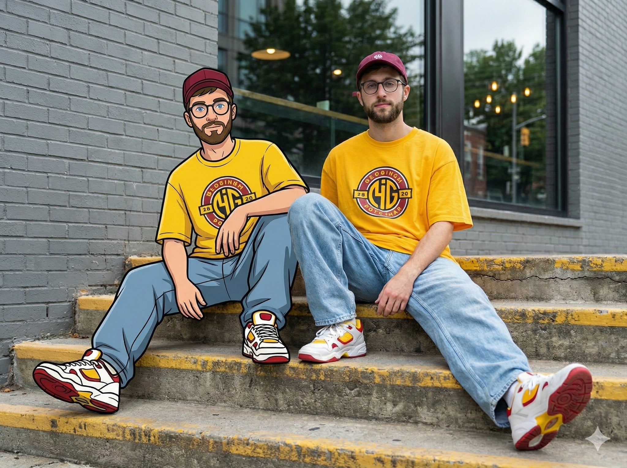 Un retrat de carrer de realitat mixta que mostra un jove amb roba de carrer hip-hop assegut als graons de formigó al costat del seu doble de dibuixos animats, tots dos vestits igual amb samarreta gràfica groga, texans amples i gorra de beisbol contra una paret de maó