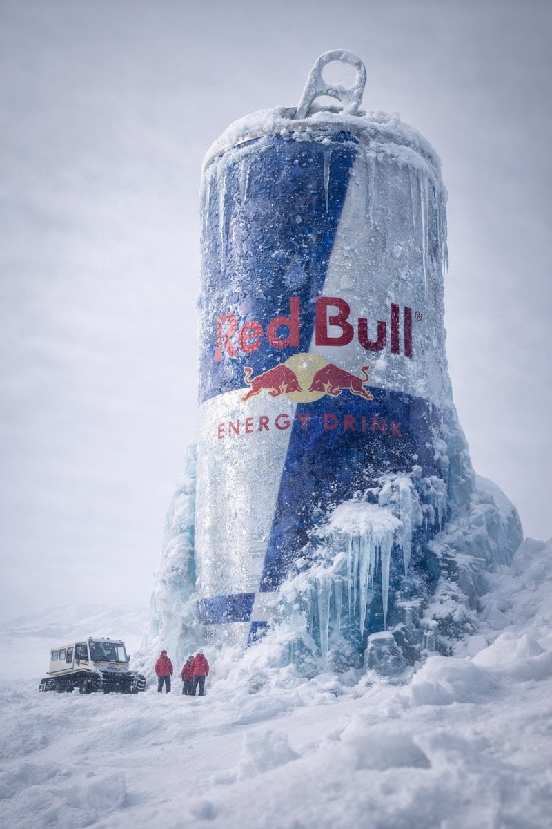 Une canette Monster Energy imposante enfoncée dans une épsse glace glacire bleue, entourée de neige avec des stalactites de glace pendant du rebord et du logo. Des scientifiques en parkas rouges vifs et un véhicule chenillé démontrent l'échelle massive de cette scène arctique gelée
