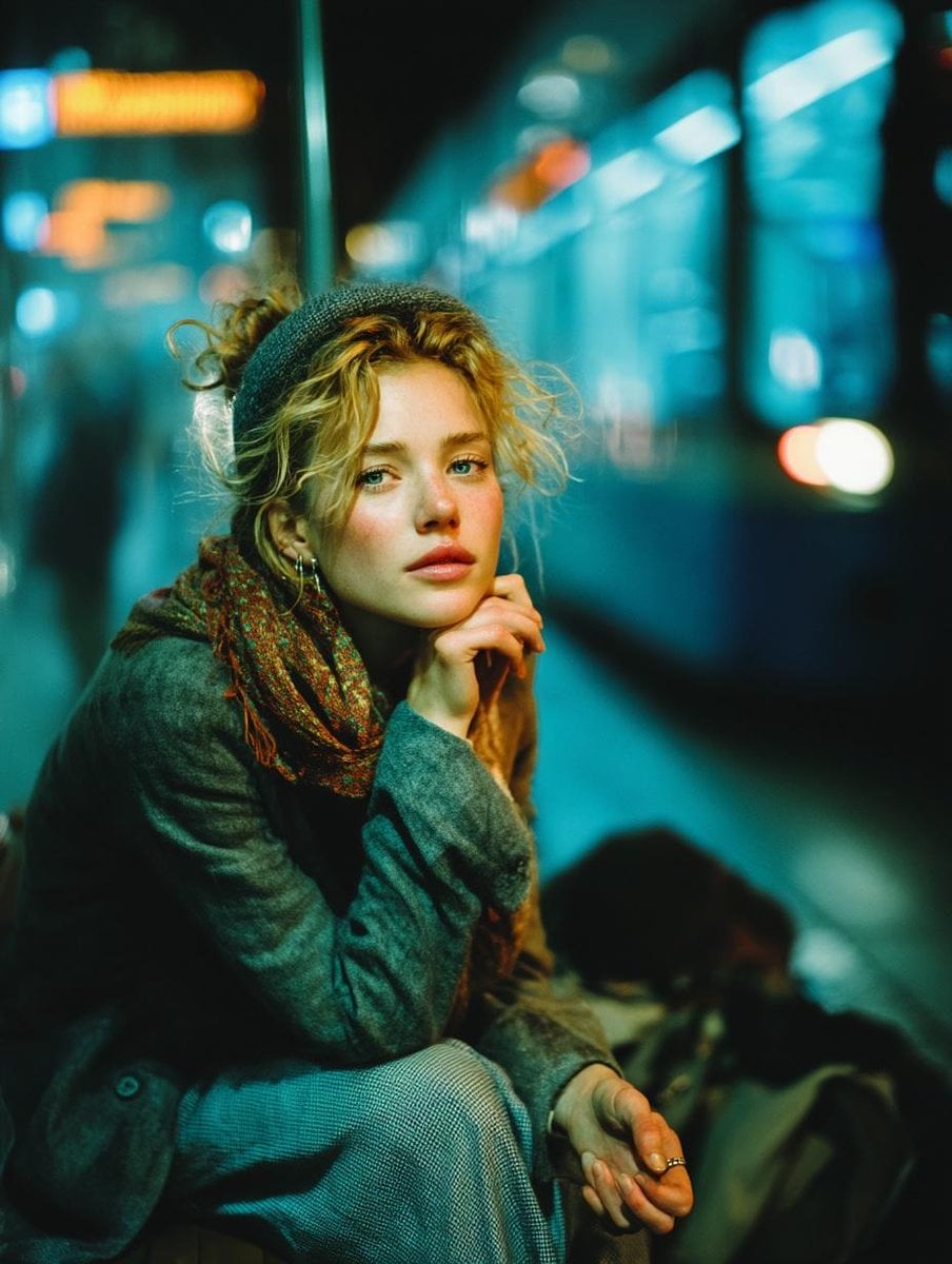 Moody Cinematic Portrait Subway Platform Night