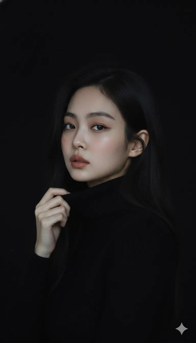 Um retrato cinematográfico melancólico de uma jovem mulher com pele clara e cabelo solto castanho escuro, usando uma gola rolê preta ajustada, expressão calma e confiante, fundo escuro mínimo que se desvanece em preto, iluminação difusa suave com profundidade de campo rasa