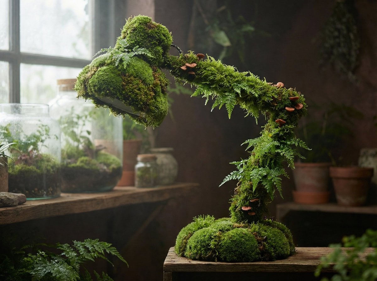 Un produit entièrement recouvert de mousse vert vif, avec plusieurs variétés de mousse créant des variations de texture, notamment de la mousse coussinet lisse et de la mousse de fougère plumeuse, sur un fond de studio botanique sombre aux tons terreux avec un éclrage naturel doux