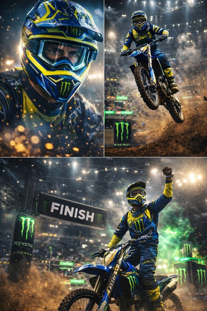 Imatge generada per IA del pòster d'atleta de competició de motocross en estadi interior