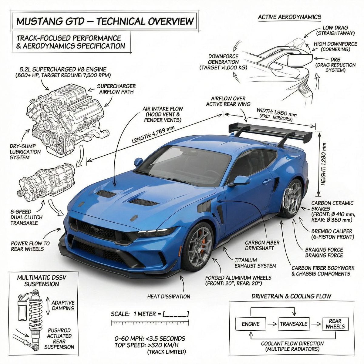Imagine generată de Mustang GTD Infografic Tehnic Adnotat